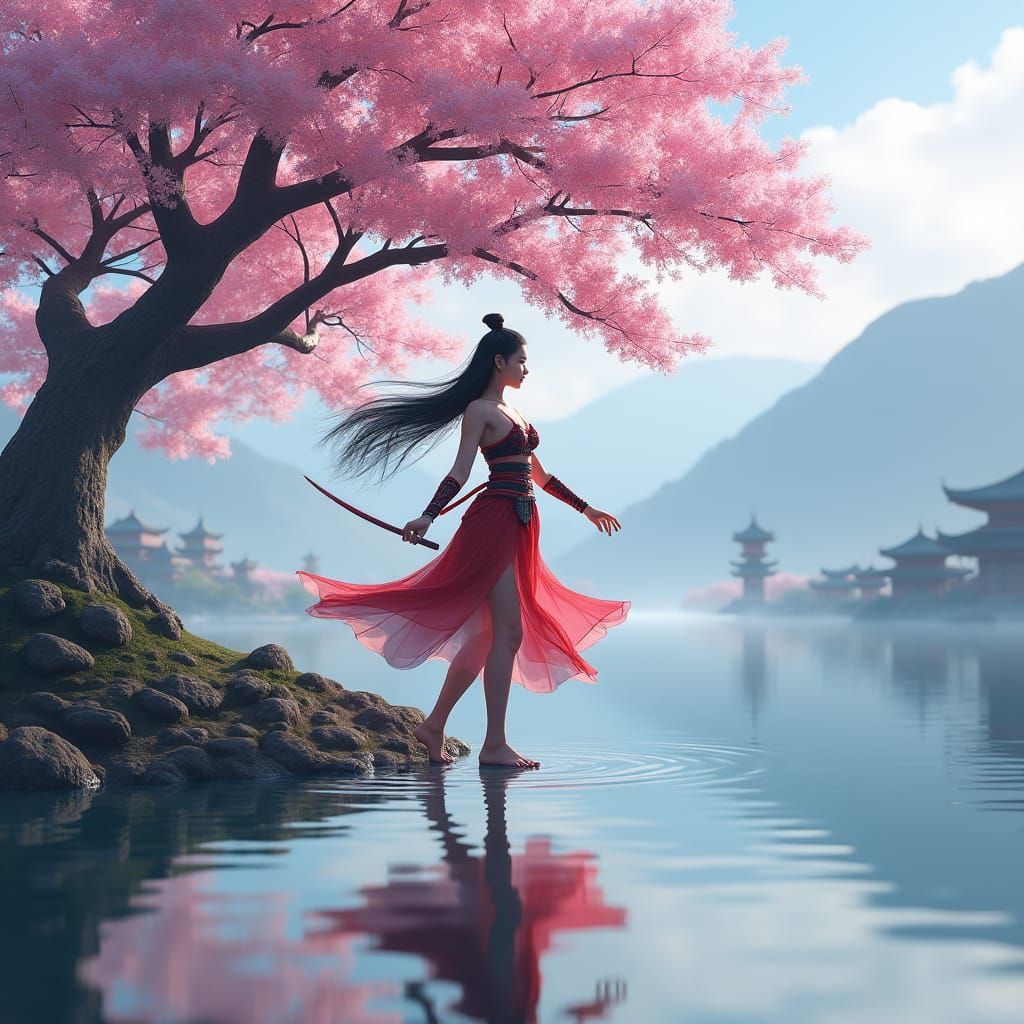 Sakura Tree, Mulan Warrior, Japanese Temples in 3D Anime Art