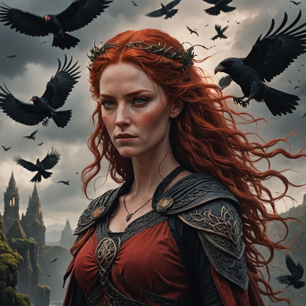 Red-Haired Celtic Goddess with Crow, Matte Painting