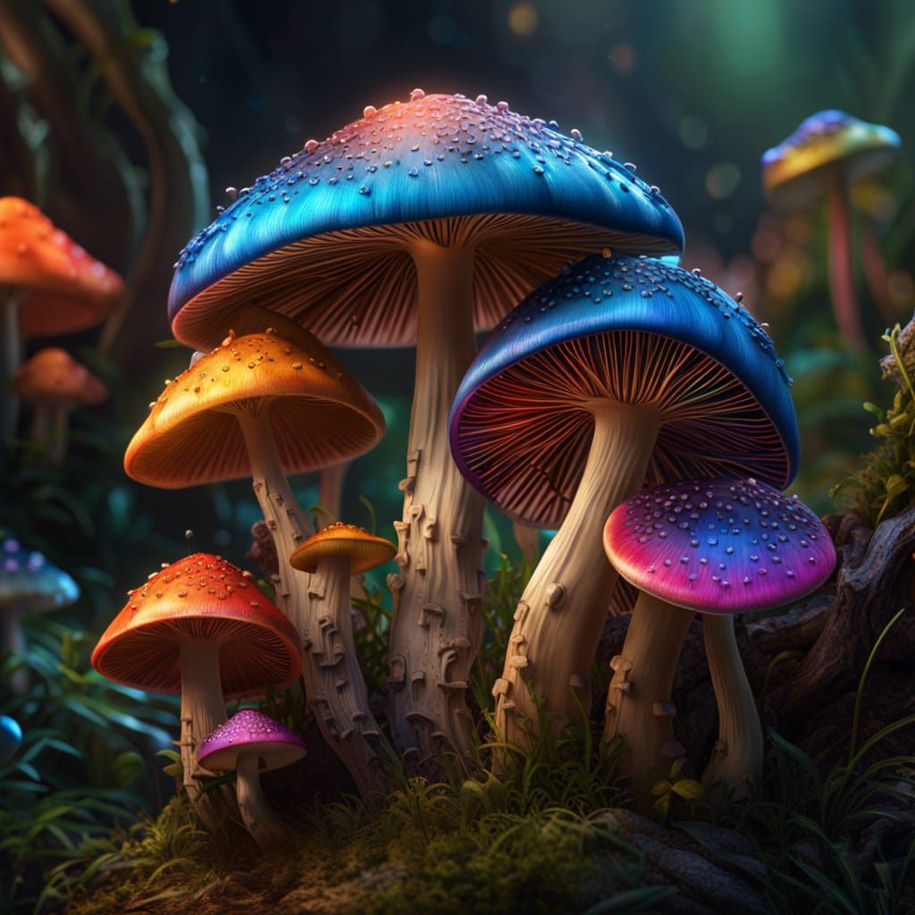 Rainbow Mushroom Family in Detailed Concept Art