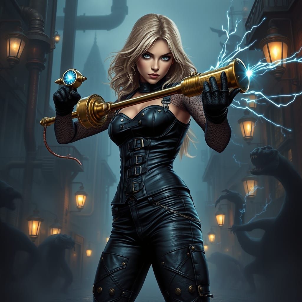 Fierce Cyberpunk Warrior in Industrial Metropolis