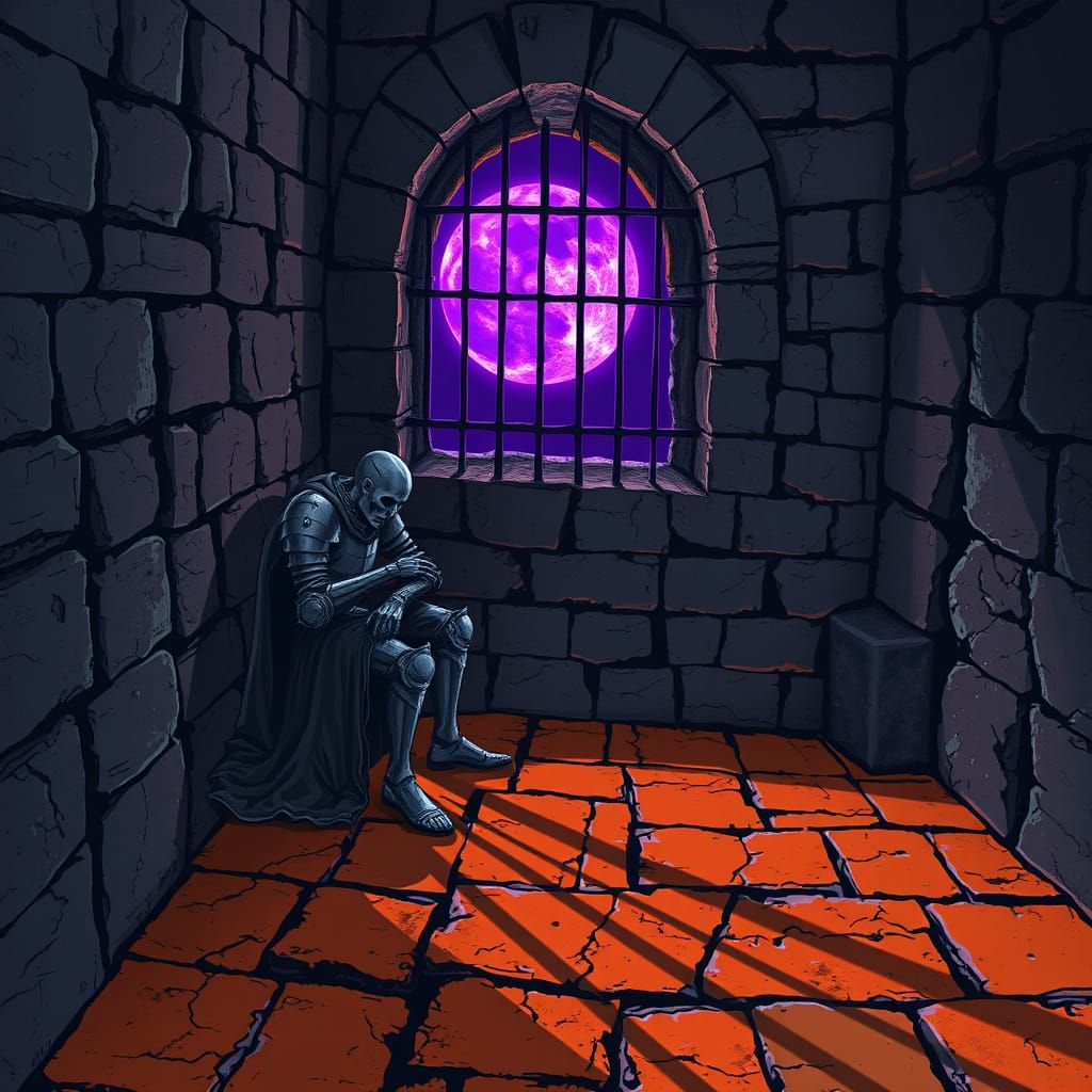 Undead Knight in Ancient Prison Cell, Dark Fantasy Art