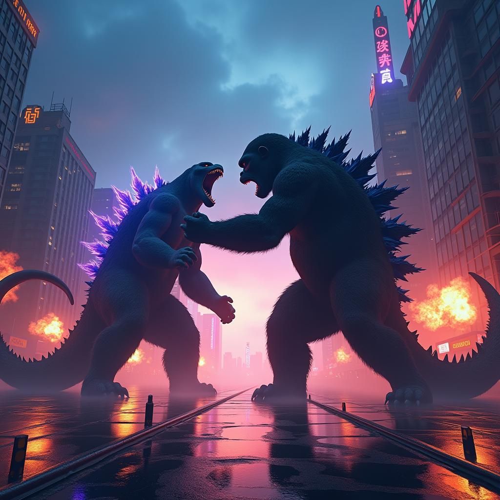 King Kong vs Godzilla in a Cyberpunk Cityscape