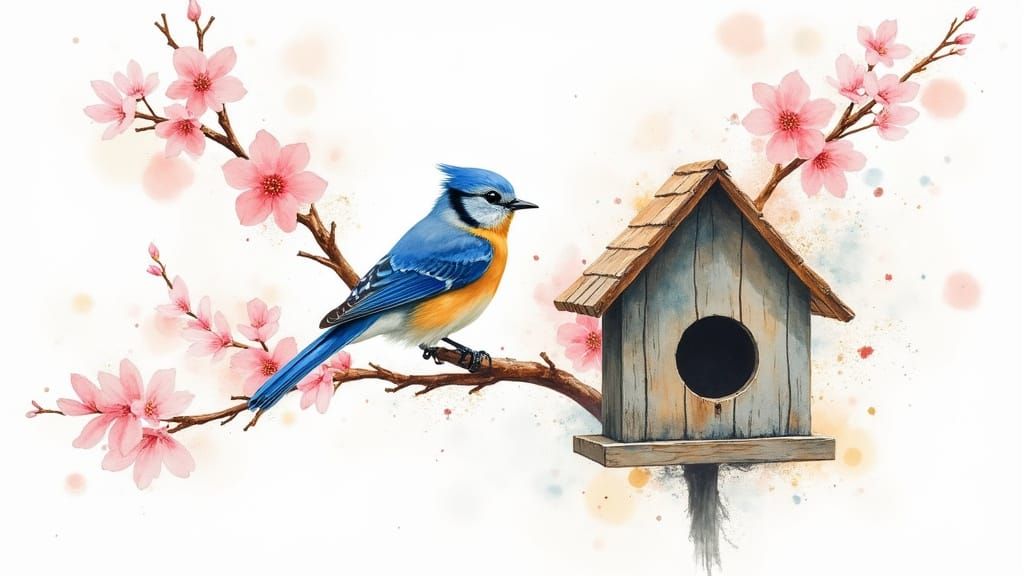 Bluebird on Cherry Tree in Expressive Watercolour