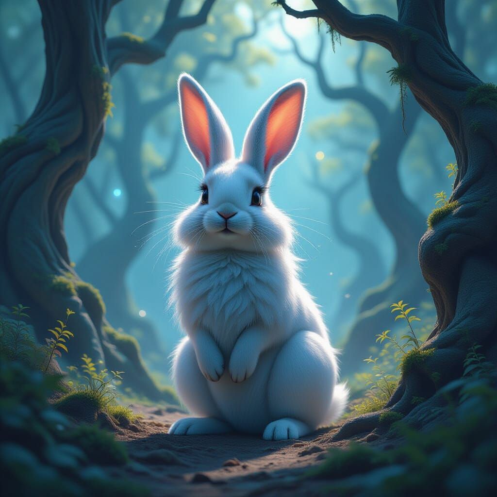Cosmic Rabbit in Ethereal Forest Under Galaxy Sky