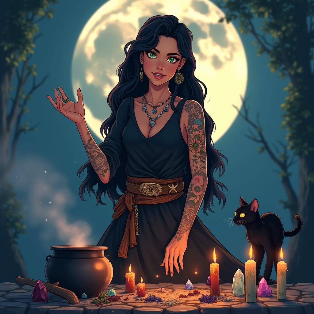 Mysterious Young Witch Performs Moonlit Ritual