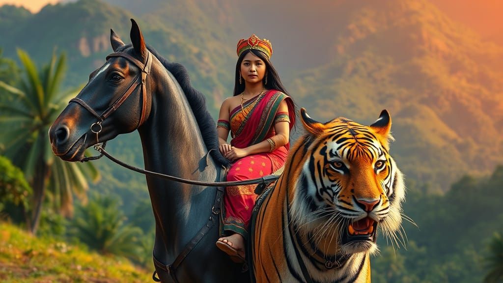 Indonesian Woman Rides Horse with Tiger: Hyperrealistic Art