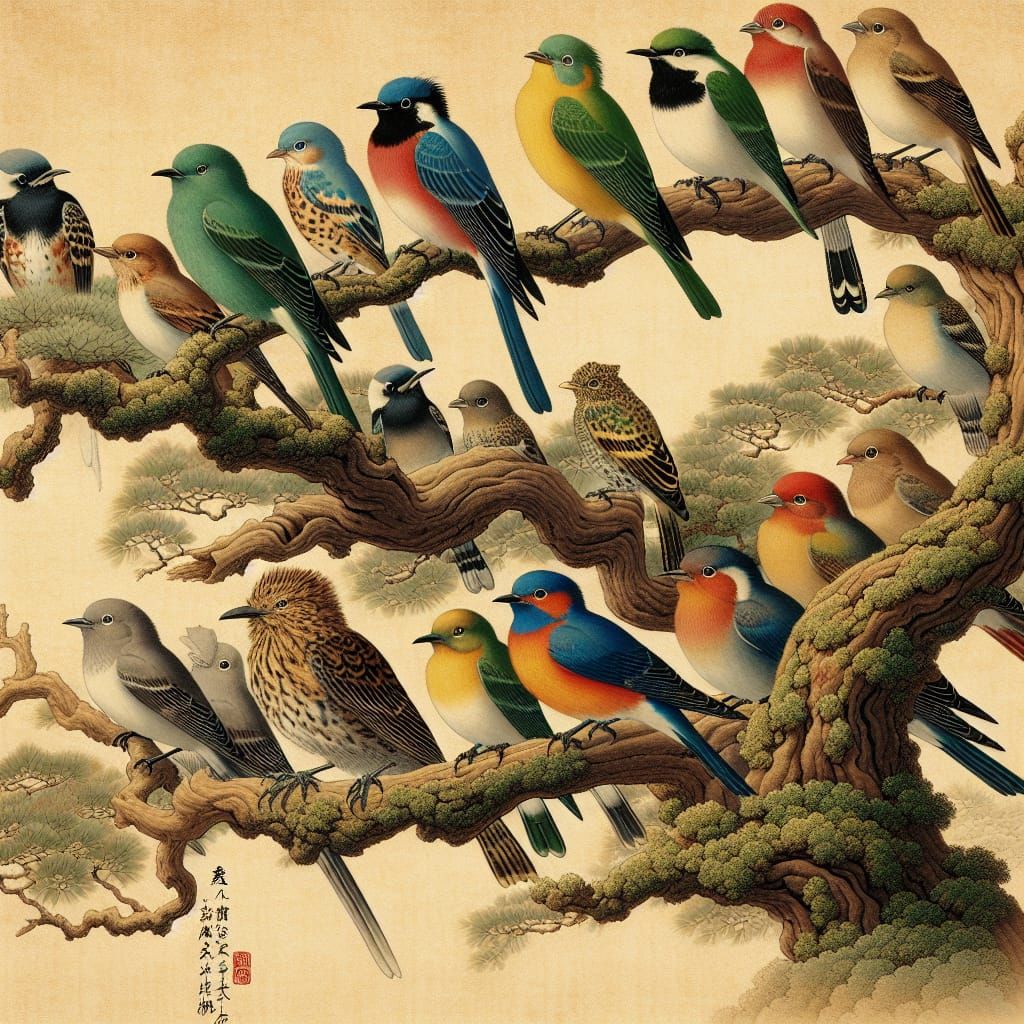 Birds on Branch in Nihonga Style Painting