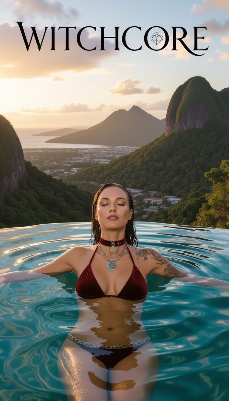 Woman Bathing in Mountain Waterfall in Witchcore Style