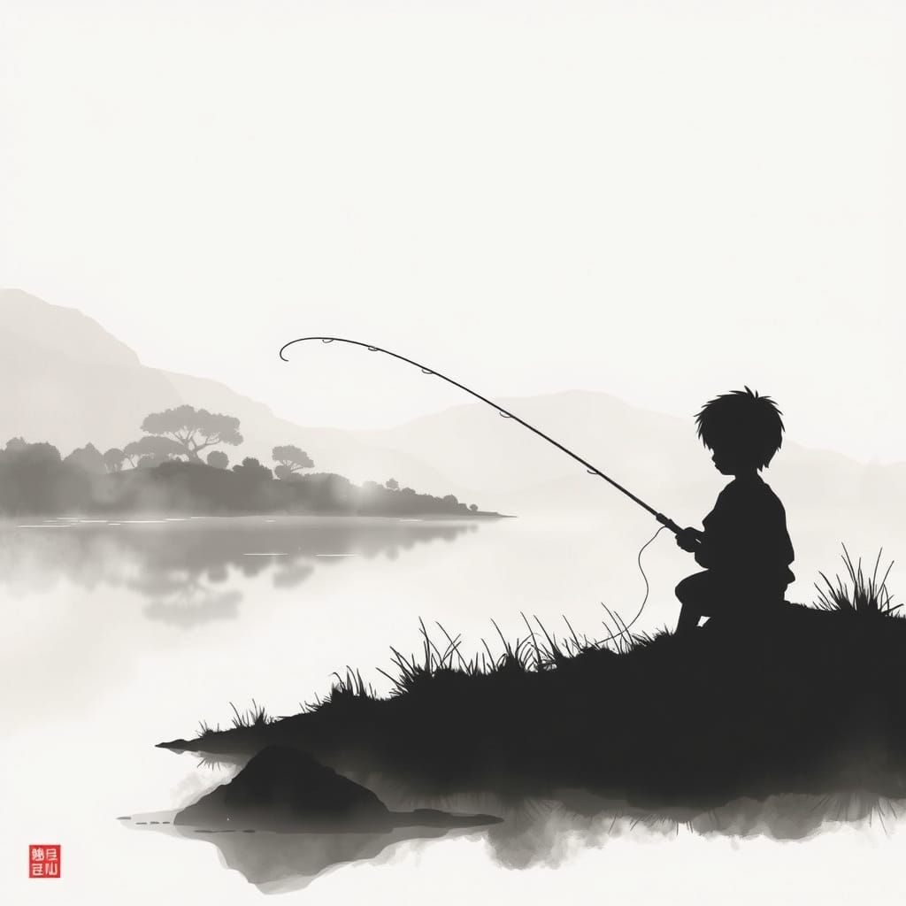 Child Fishing by Riverbank in Ethereal Light