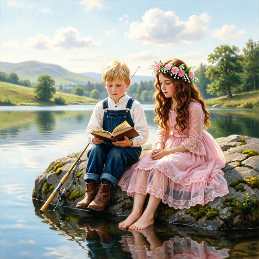 Romantic Oil Painting of Children Reading by a Serene Lake