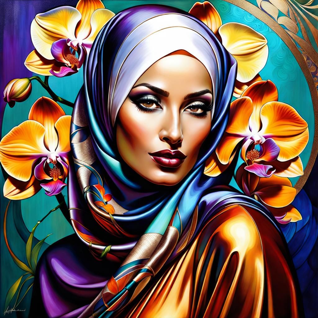 Confident Woman with Orchids: Digital Art Nouveau Painting