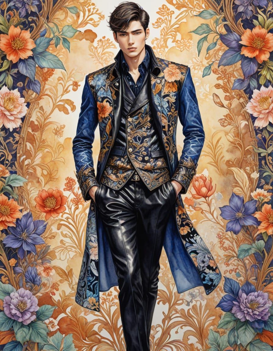 Male Model in Floral Leather: Fashion Illustration