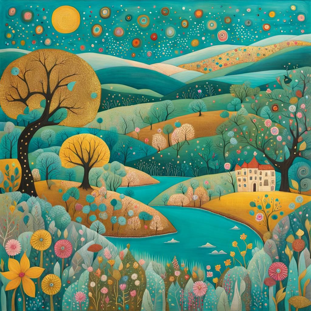 Glittering Art Brut Landscape with Ancient Tree