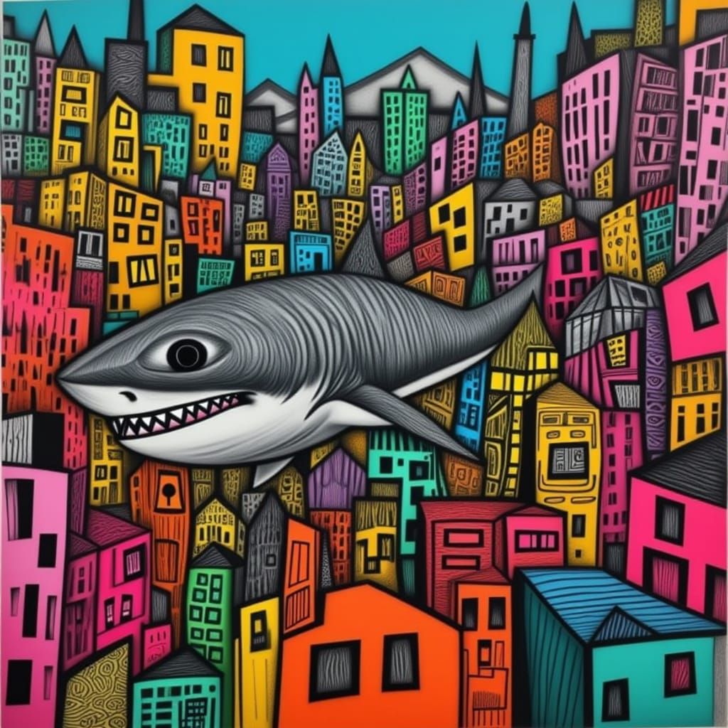 Pop Art Shark Swims Through Abstract Cityscape