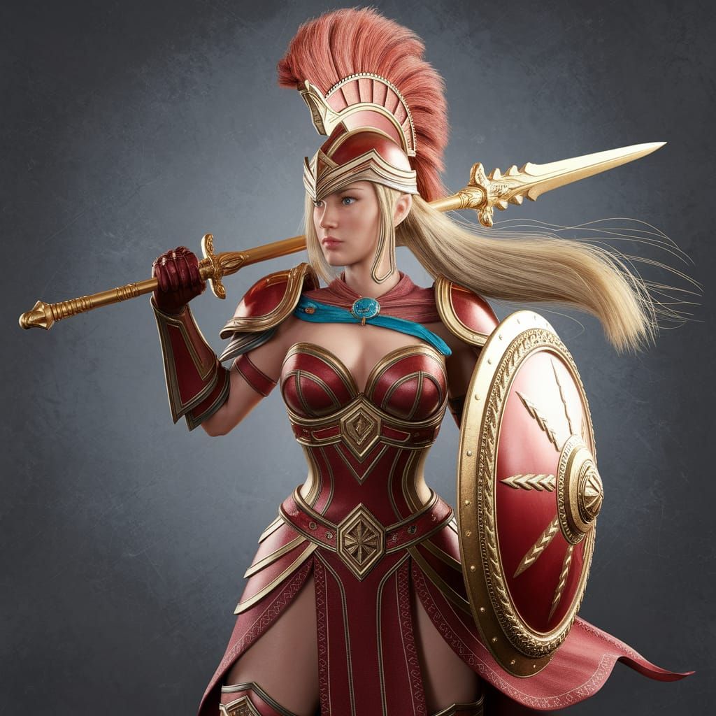 Fantasy Warrior in Red and Gold Armor with Golden Lance