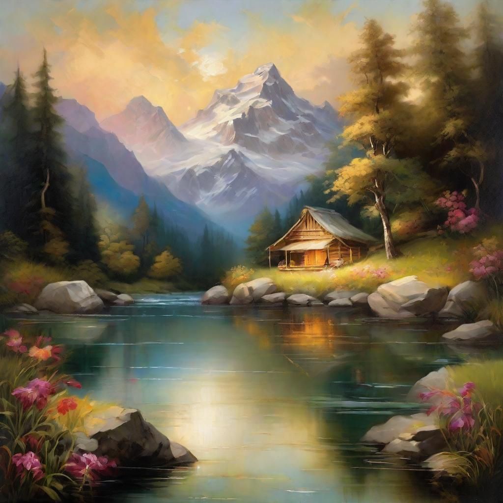 Baroque River Scene with Flower-Covered Hut