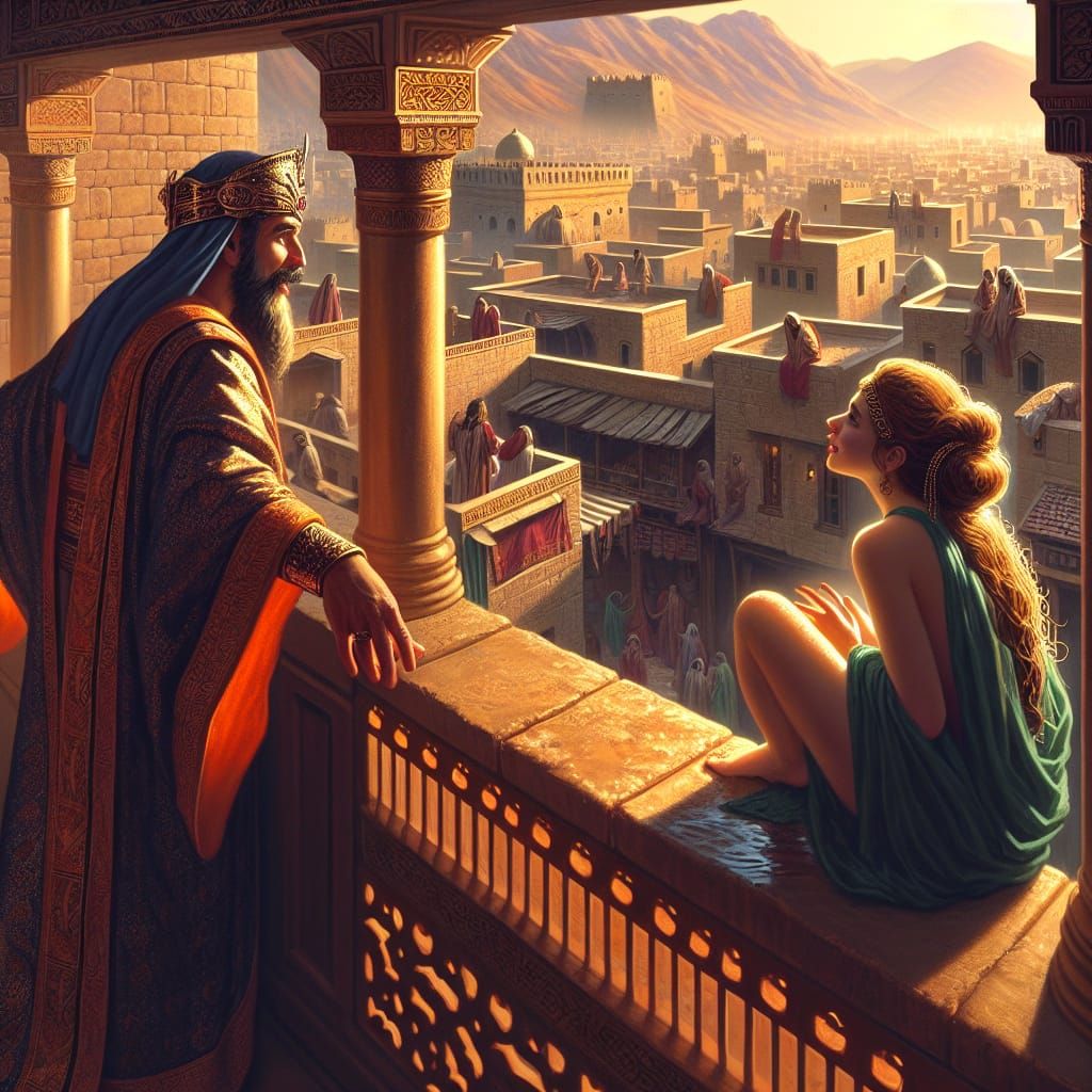 King Observes Bathing Woman From Palace Balcony