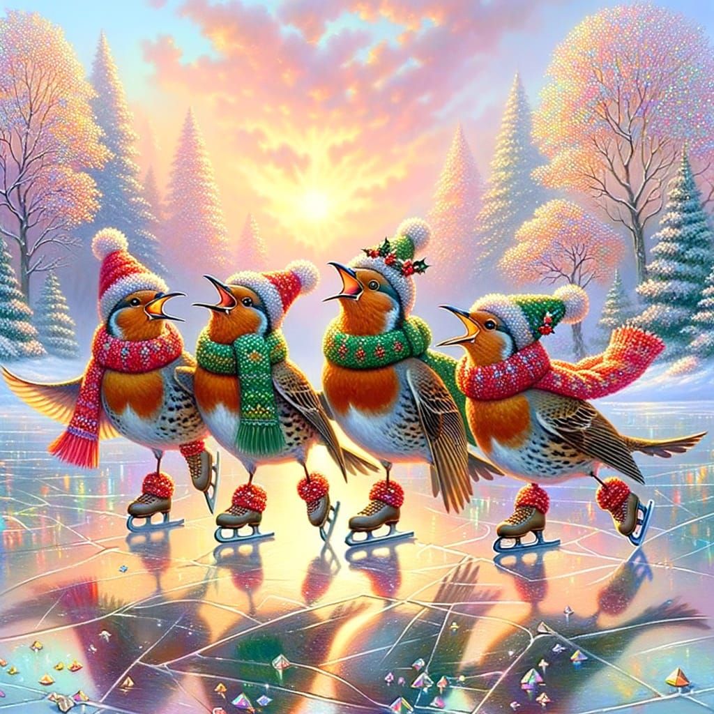 Four Calling Birds Ice Skating At Sunrise
