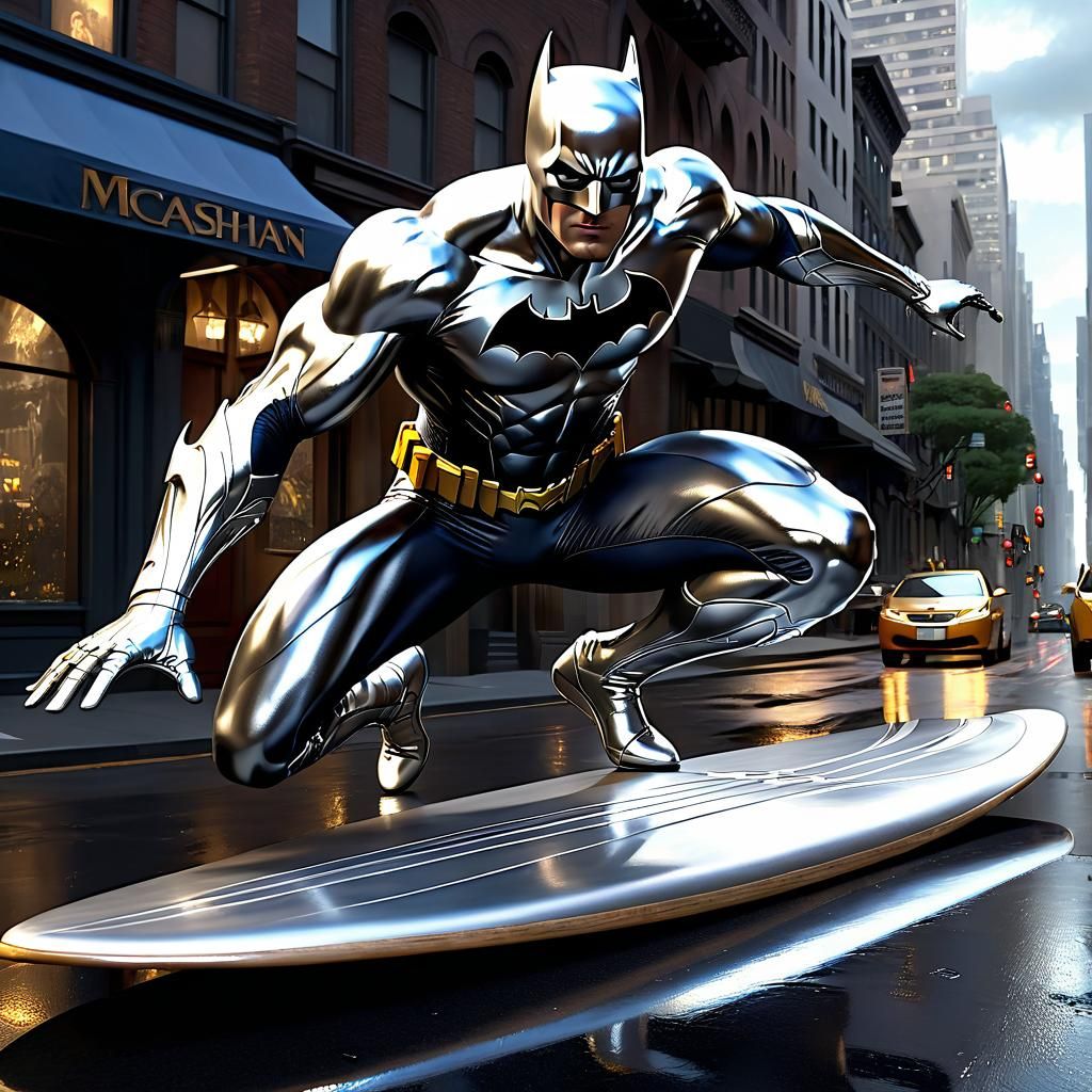 Batman Silver Surfer on Silver Surfboard