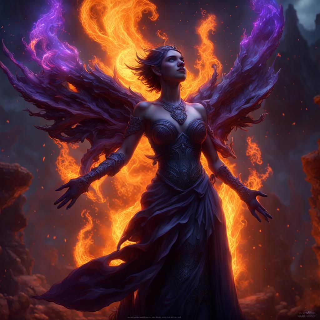 Night Goddess Embraces Flame Embers, Dark Fantasy Art