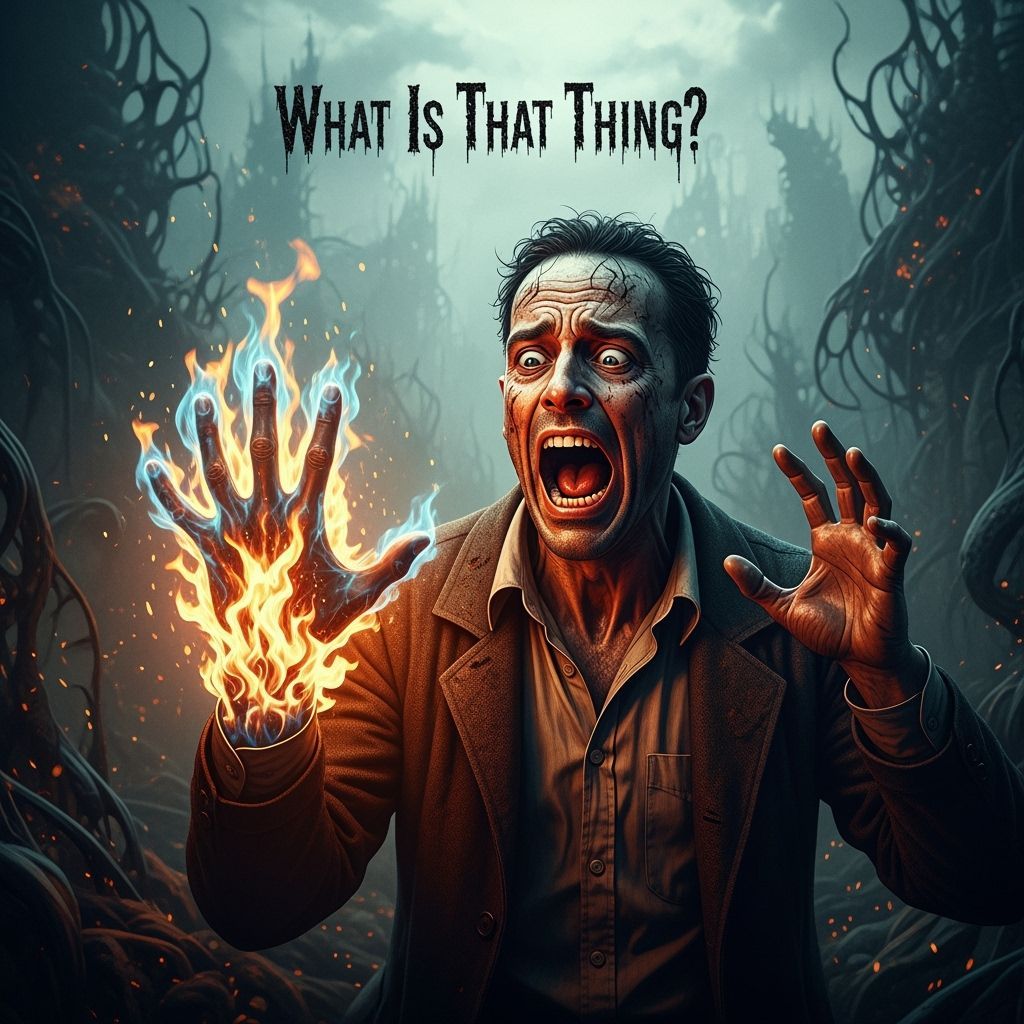 Man Screams at Hand Ablaze in Gothic Horror Style