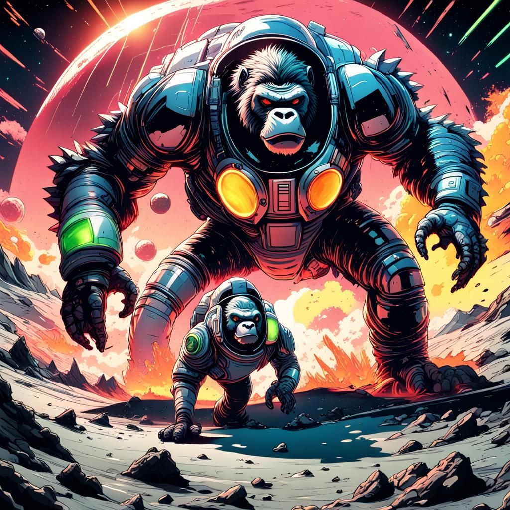 Mechanical Dinosaur Gorilla Lunar Battle in Anime Style