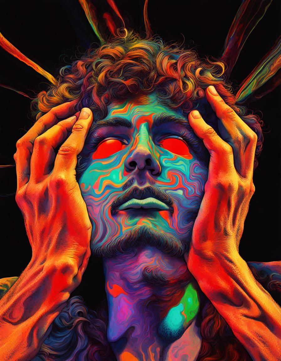 Psychedelic Portrait of a Man Holding His Face
