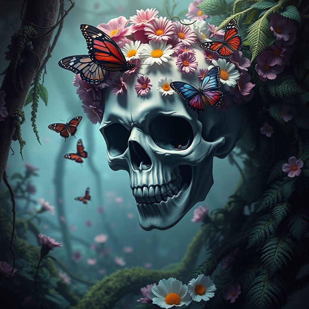 a skull with flowers and butterflies on it's head is surrounded by Vines, Moss and flowers in the background, Chris LaBr...