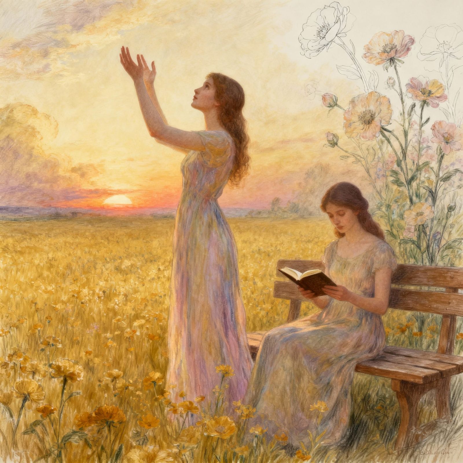 Woman in Golden Field at Sunset, Dual Presence