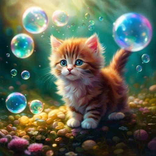 Fluffy Kitten Plays with Bubbles: Hyperdetailed Fantasy Art