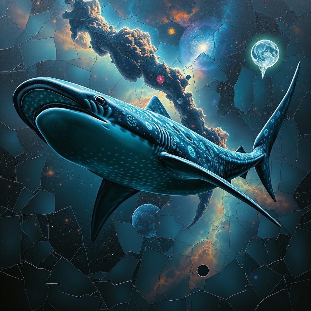 Whale Shark in Shattered Mirror Nebula, Dark Fantasy Style