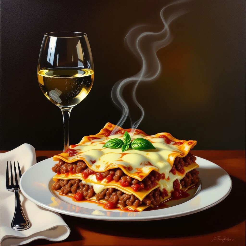 Delicious Beef Lasagne with White Wine, Still Life