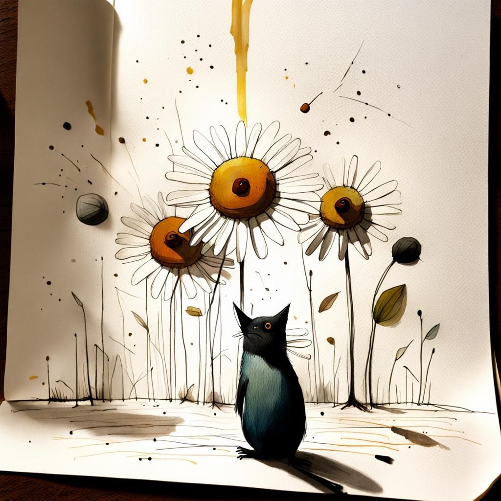 Daisy Sketch with Uneven Coloring and Paint Streaks