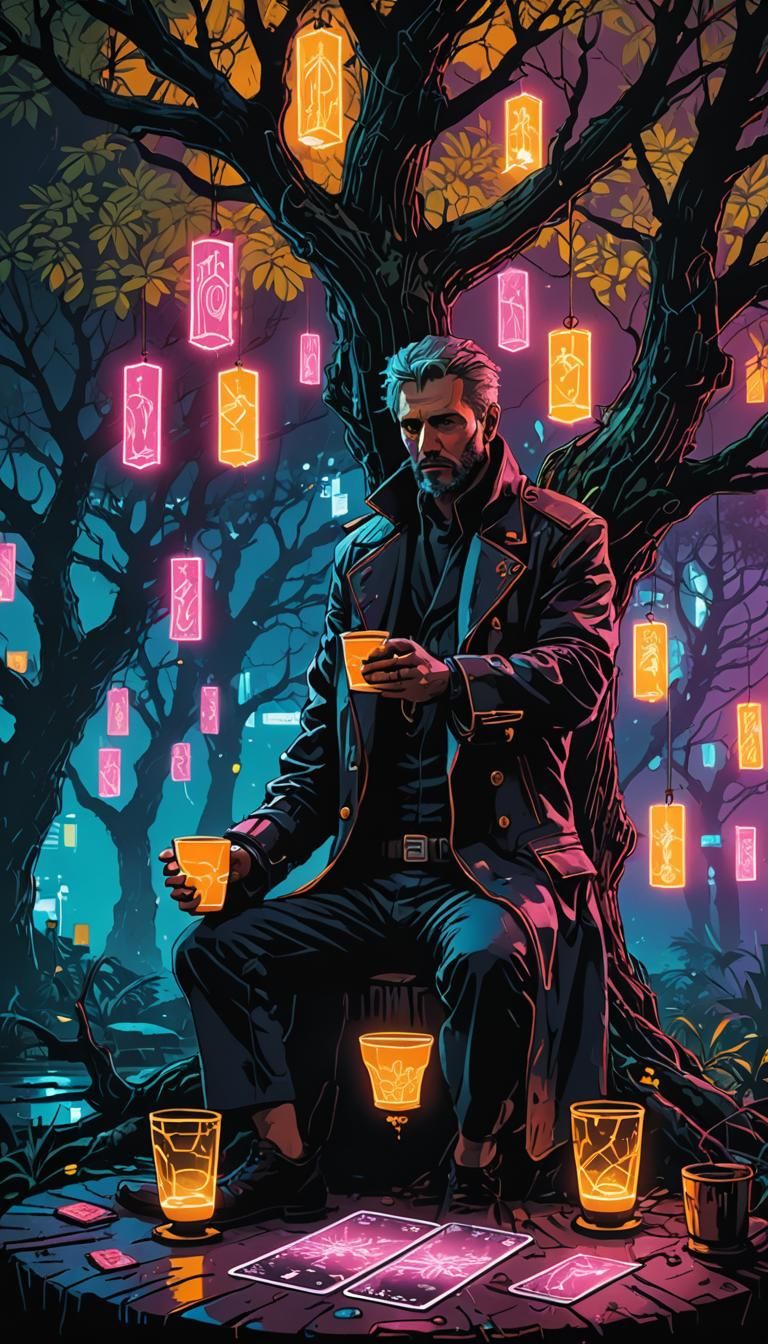 Cyberpunk Four of Cups Tarot Card Illustration