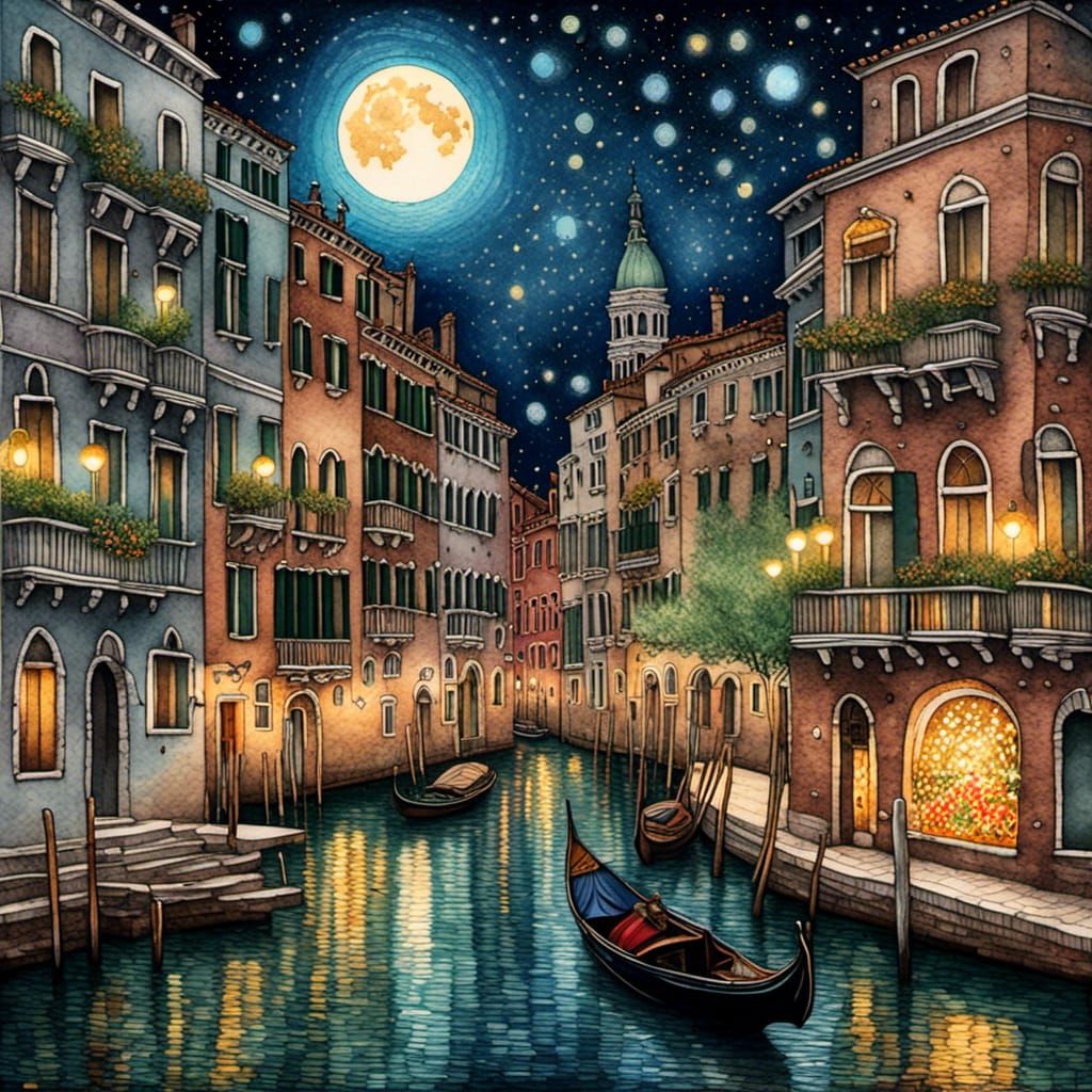 Venice's Grand Canal at Night in Van Gogh Style