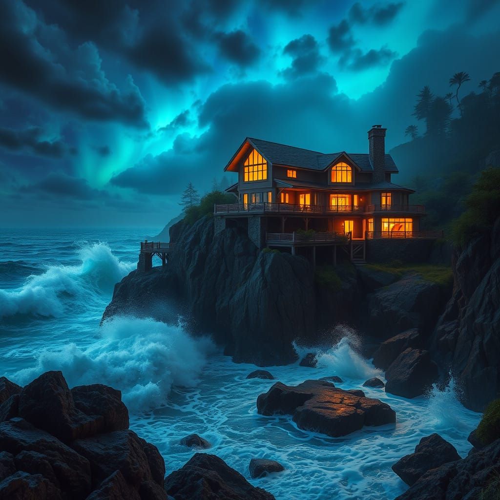 Majestic Cliffside Mansion at Night, Pacific Coast