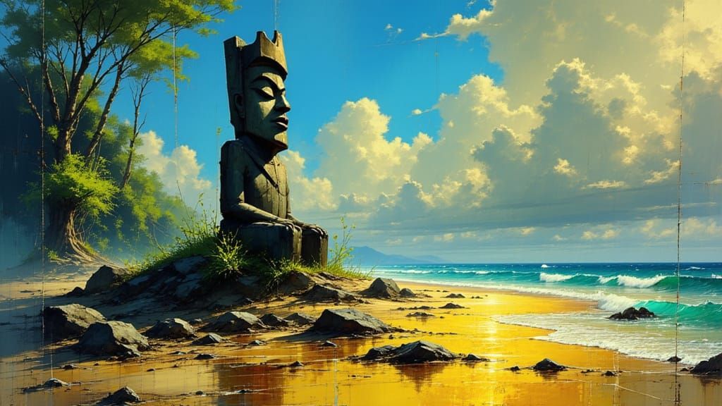 Golden Tiki Idol Reflecting South Pacific Sky