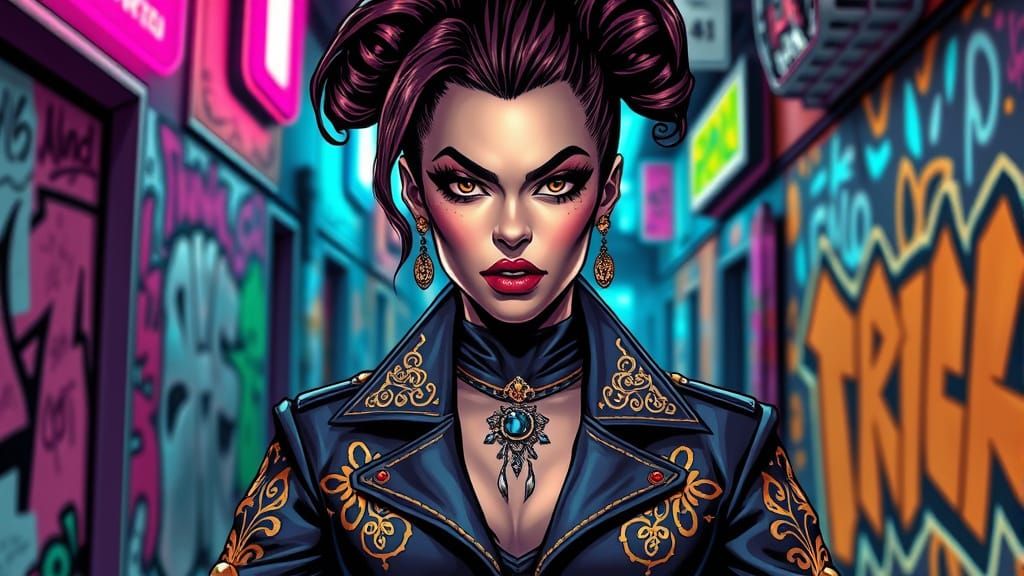 Confident Killer Queen in Neon City, Comic Book Art