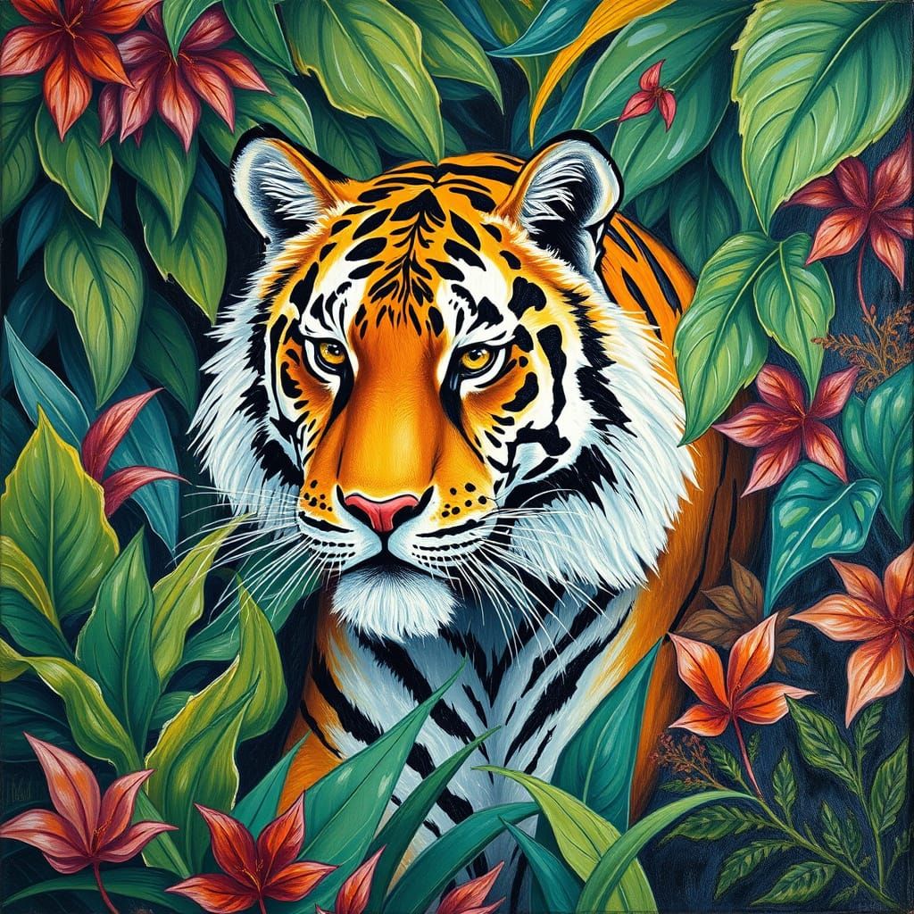 Majestic Tiger in Jungle, Neo-Impressionist Painting