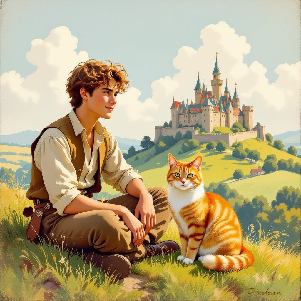 Pastoral Scene with Young Man and Cat, Fairytale Illustratio...