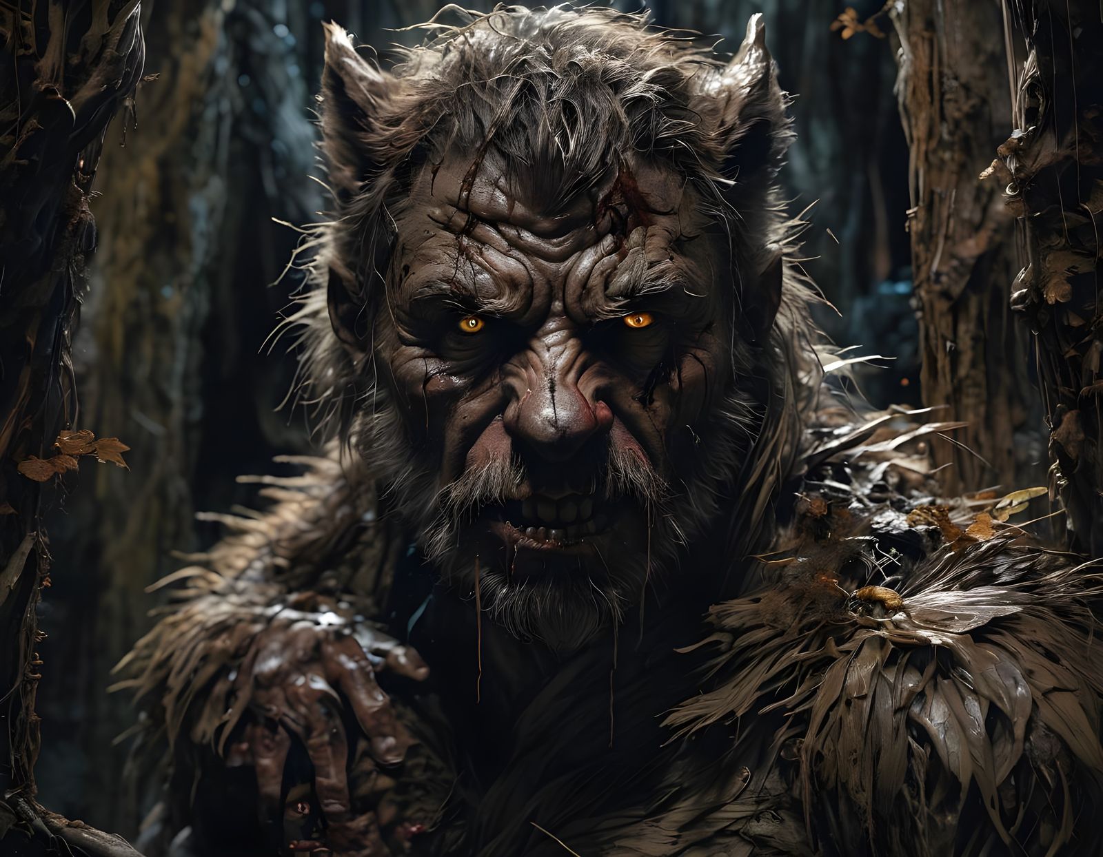 The Wolfman in Dark, Exaggerated Forest Landscape