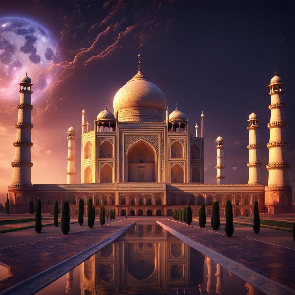 Taj Mahal in Glorious Night Lighting: Detailed Matte Paintin...