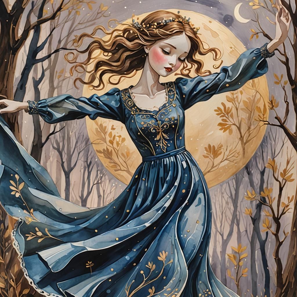 Wooden Doll Dancing Under Moonlight in Gouache Style