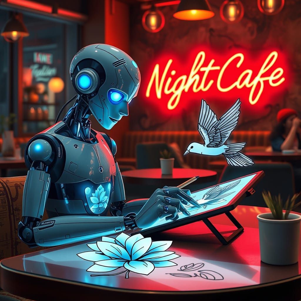 Humanoid AI Robot Creates Art in Vibrant Café Scene