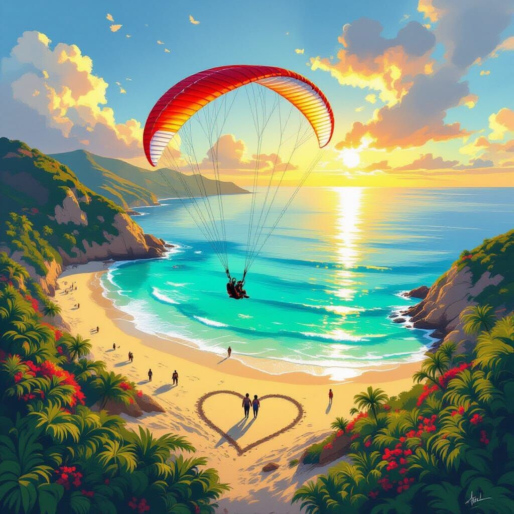 Paragliders Soaring Above Turquoise Sea in Hyperrealistic St...