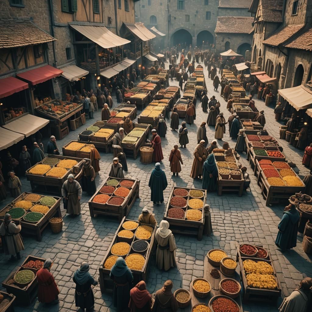 Medieval Market Inspired by Catan: Cinematic Film Still