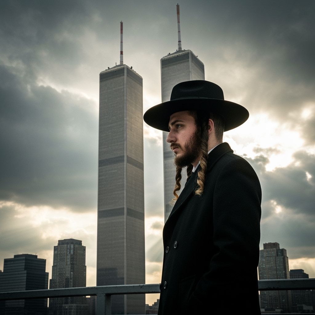 Chassidic Man Before Twin Towers in Dramatic Light