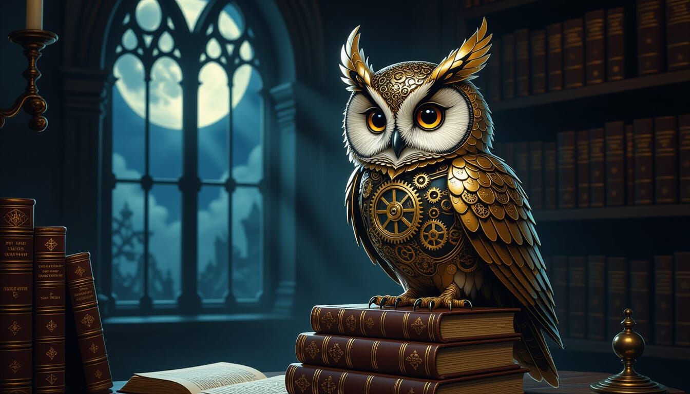 Clockwork Owl on Books in Moonlit Study