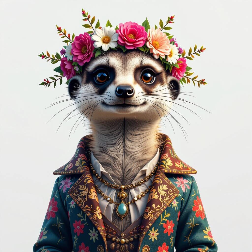 Regal Meerkat in Floral Crown, Detailed Matte Painting