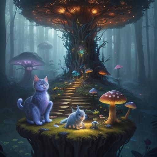 Mystical Kitten in Enchanted Forest, Art Nouveau Style